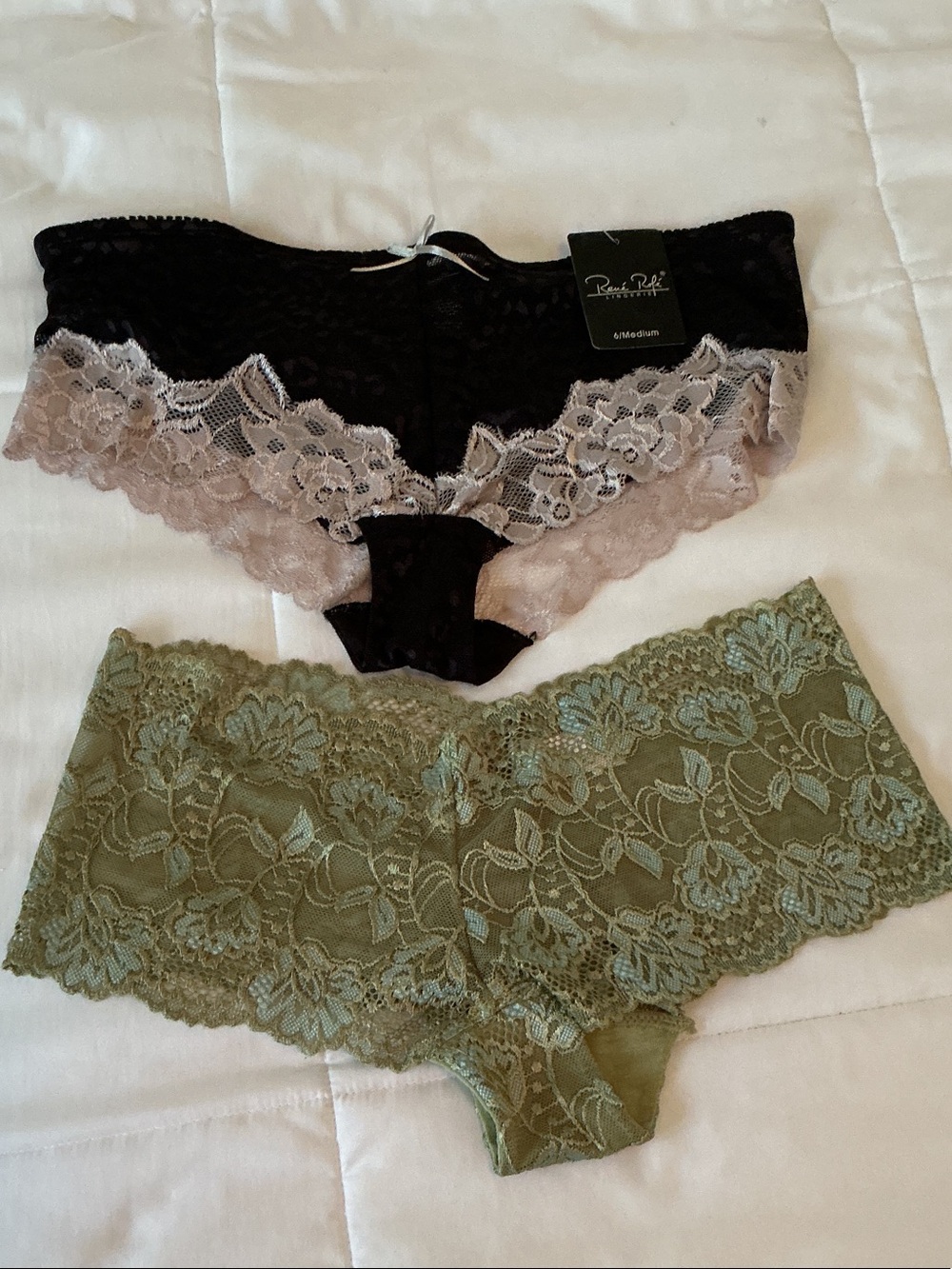 2 Pair Lace Boyshorts Panties - Black and Blush & Olive Green